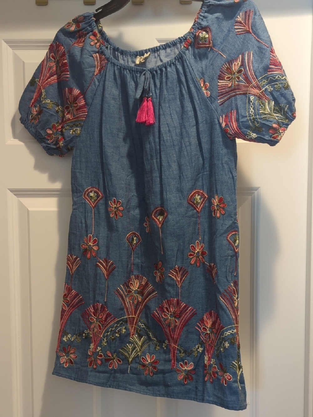 Hayden Blue Embroidered Dress with Pink Tassel